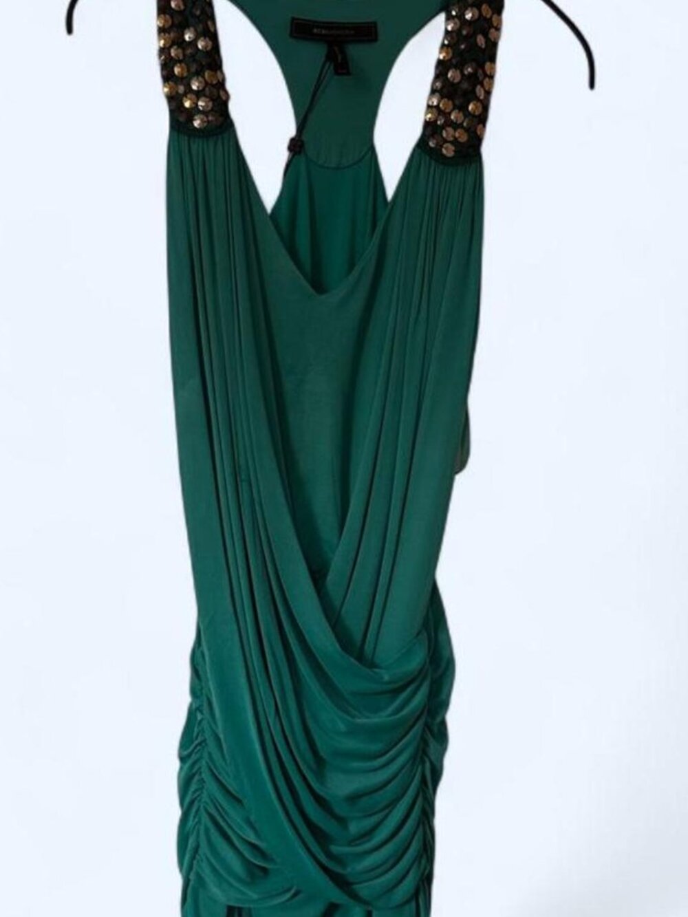 Y2K BCBG Max Azria Emerald Green Embellished Draped Mini Dress XXS NWT